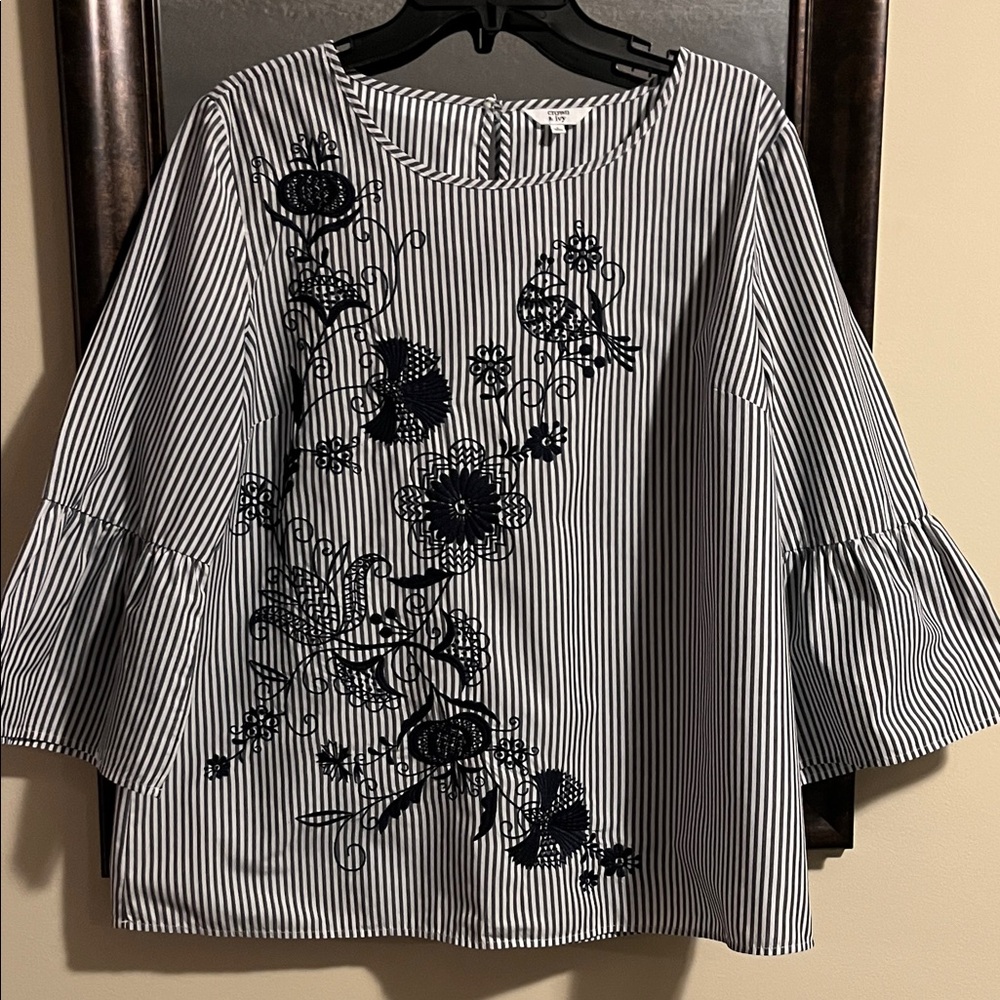 Crown & Ivy Navy Floral Embroidered Striped Blouse